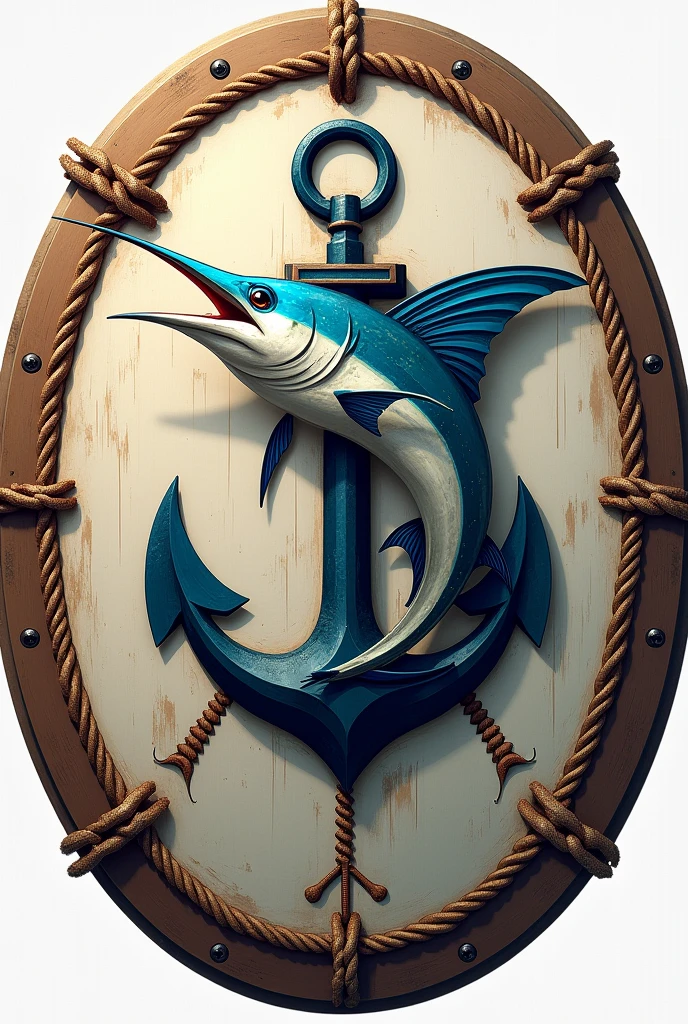 Make a circular shield with a sailfish in the center, with an anchor at the bottom Add a rope outline and a chain at the top, and that it has the 4 cardinal points at the bottom