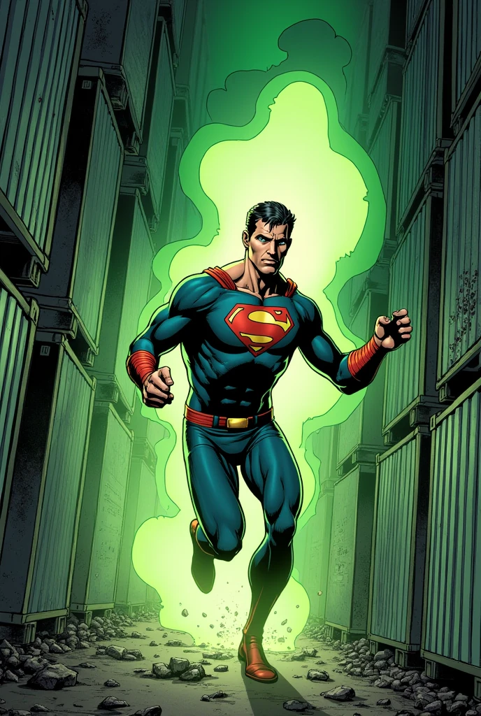 Clark tries to save a woman who asks him for help, but when opening the capsule, is exposed to unknown green vapors and the woman dies. in comic style