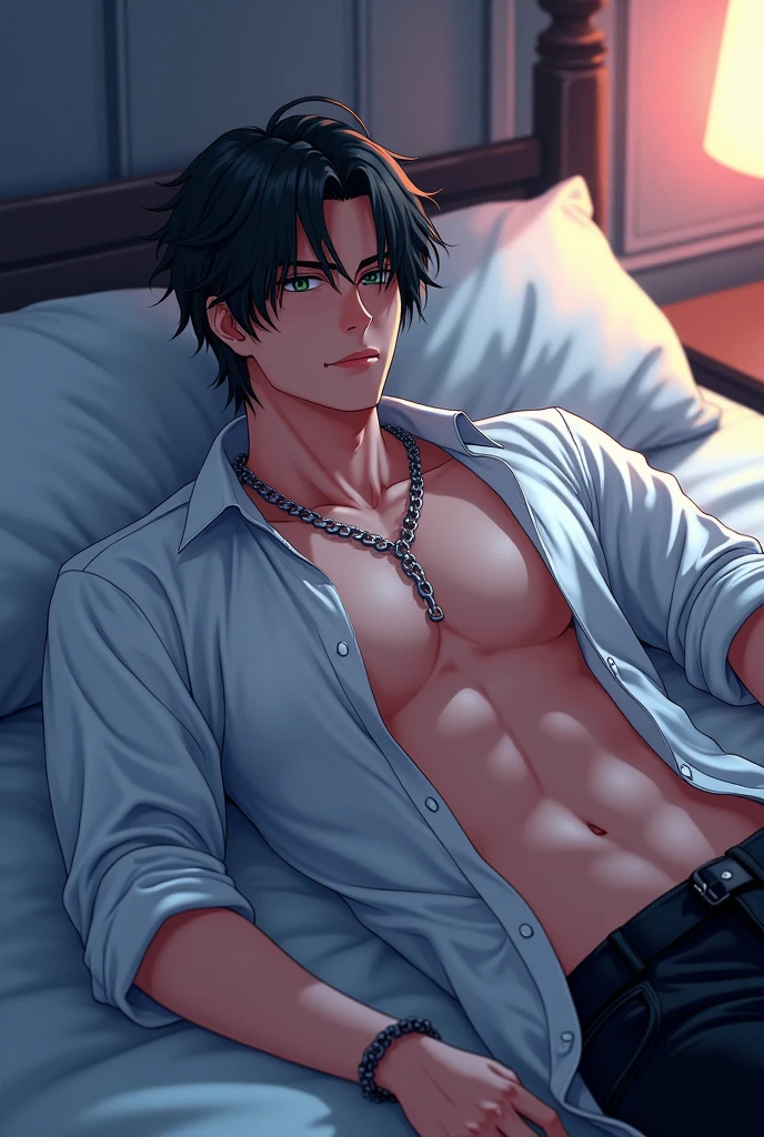A hot man, lying on bed, wearing a open white shirt, cozy white room, with a chain on his neck and a smirk. anime realistic 3d art, intricate details, cold colors and a bit red, not smiling looking at you like he is needy