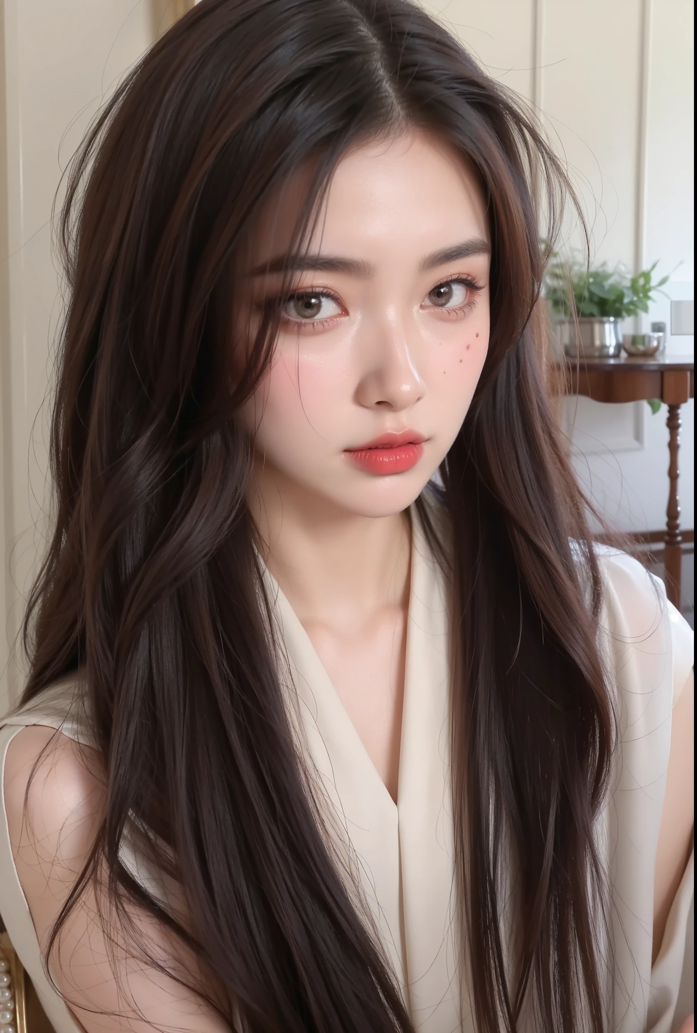 Very detailed, Delicate face, Realistic style, Stock Photography ,  rich and colorful, Surrealism, Realistic textures, Dramatic Lighting, Distiller 800  (8K, original photo, Better quality, masterpiece: 1.2), Very detailed, (Extremely delicate skin: 1.2), 8K Ultra HD, SLR camera, Soft Light, high quality， 冰冻Queen,Snow Castle，Blue pupils，Apply red lipstick，Queen，Gorgeous clothing, Gold Jewelry，Printed lace，Silk dress，Pearls, diamonds, and gems，