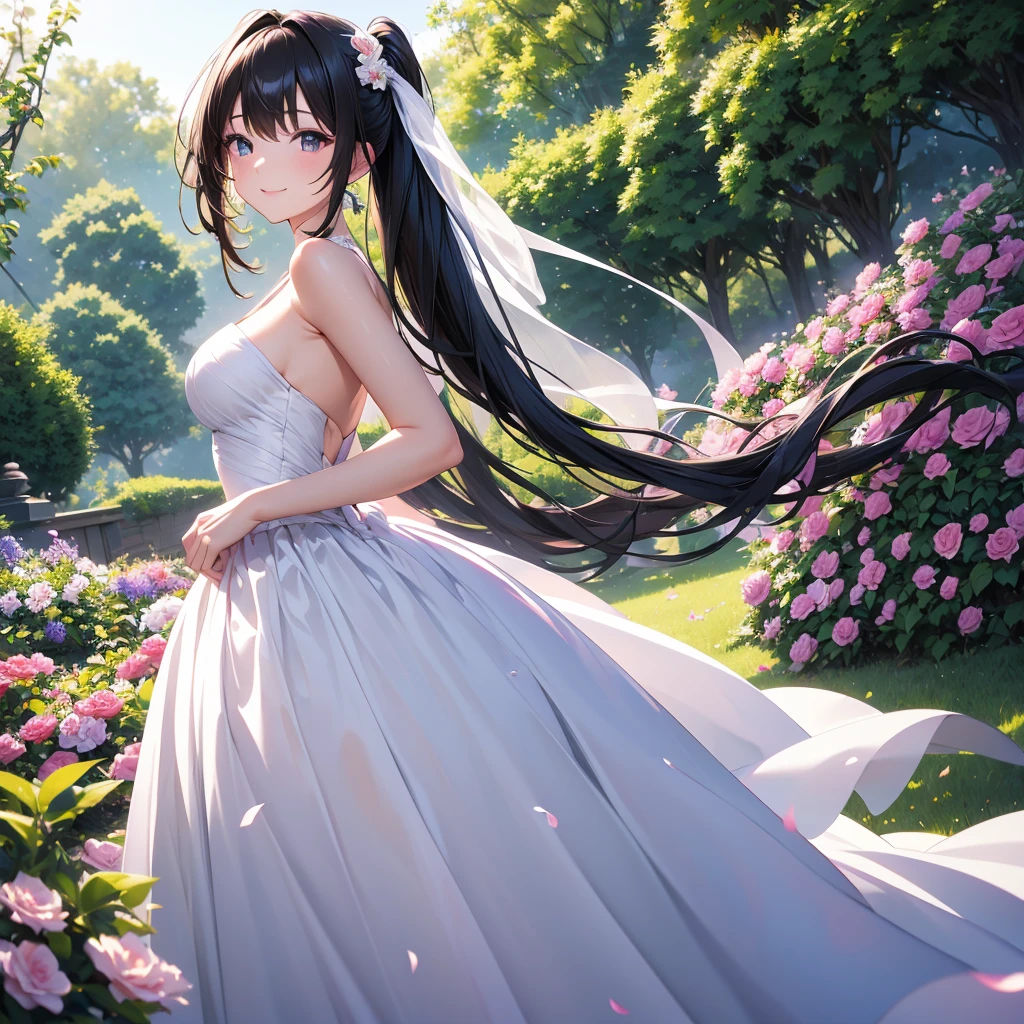 masterpiece,Highest quality,high definition,High resolution,4K,8k,Ultra-high-definition CG,masterpiece,Highest quality,high definition,High resolution,4K,8k,Ultra-high-definition CG,Anime illustration style,１girl, anime painted, front angle, pose standing, shiny black twin tail hair,black, accessories ribbon, expression smiling,arms behind back,Scene of a garden full of flowers、In a wedding dress、Behaving gracefully。fashion model posing ,shiny skin,Low angle ,fashion model posing ,holdng a flowers.bouquet.