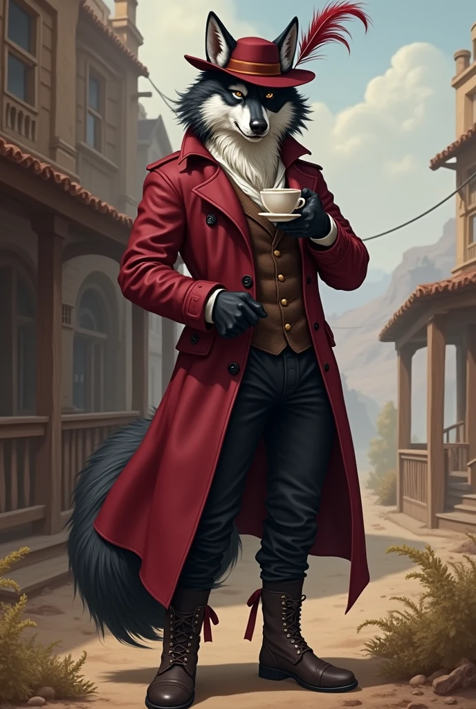 I would like a bipedal wolf with black and white fur, wearing an eyepatch. It should wear a wine-red trench coat, a red hat with a feather, black pants, and boots. The wolf should have a chic and flamboyant appearance, with a love for drinking tea. I would like the style to be mature, with the art in a fantasy RPG style set in the Old West.