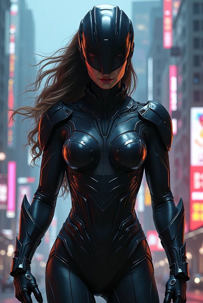 super girl in black cyberpunk armor
