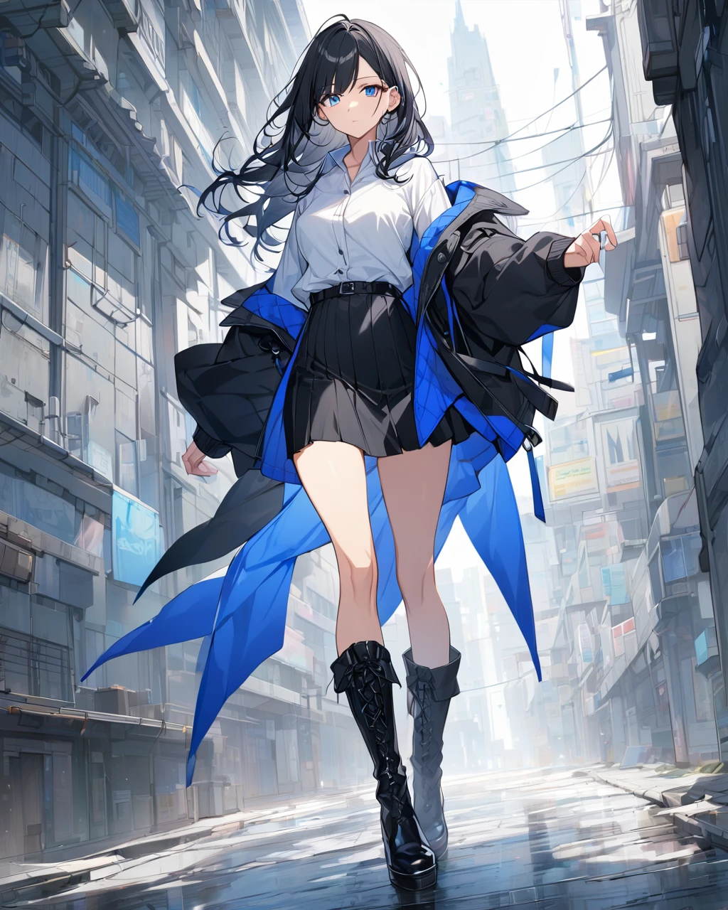 1 female, adult, long black hair, blue eyes, very beautiful, White shirt, black skirt, black boots, plano general 