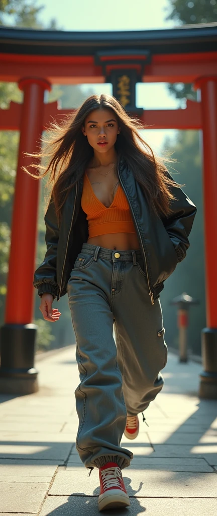 1990s , 1 dynamic female, 90s streetstyle hiphop fashion, baggy thick edgy  loose clothing, Melbourne shuffle  jumping shuffling  footwork ,  expressive pose, zen  japanese torii environment, , cinematic lighting,, extremely detailed, photorealistic, 8k, film grain, dynamic composition, high quality, masterpiece