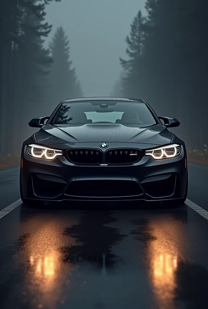 "A detailed image of a black BMW M4 CS with its headlights on, showcasing its aggressive grille and sleek lines, with a moody atmosphere car in center view make littlebit distance
Background dark