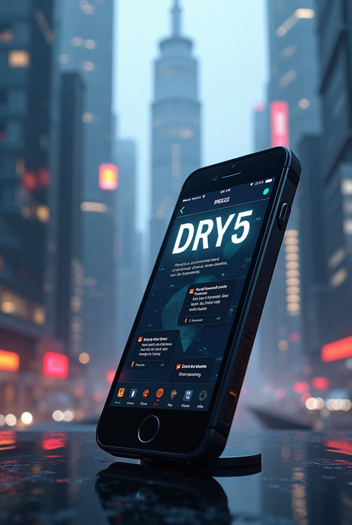 An iPhone with a threema called DRY5 and skyscrapers in the background ,Name DRY5 capitalized and in capital letters