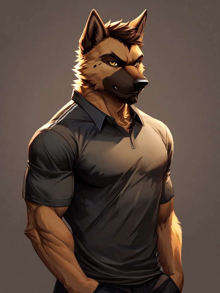 Masterpiece, Solo, Anthro German Sheperd dog, Brown Fur, Yellow Eyes, Medium Brown Hair, Medium Black Facial Hair, Muscular Body, Cool Pose, Handsome, Good Looking, Adult, Fierce, Smirking, Casual Clothes Simple Background