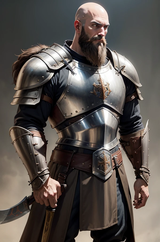 1man, Tall, Bald, brown beard, brown eyes, facing right (45degrees), Breastplate armour, sleeve less, Battle axe, weapon over the shoulder over the shoulder, medieval, high quality , detailed hands, gray background

