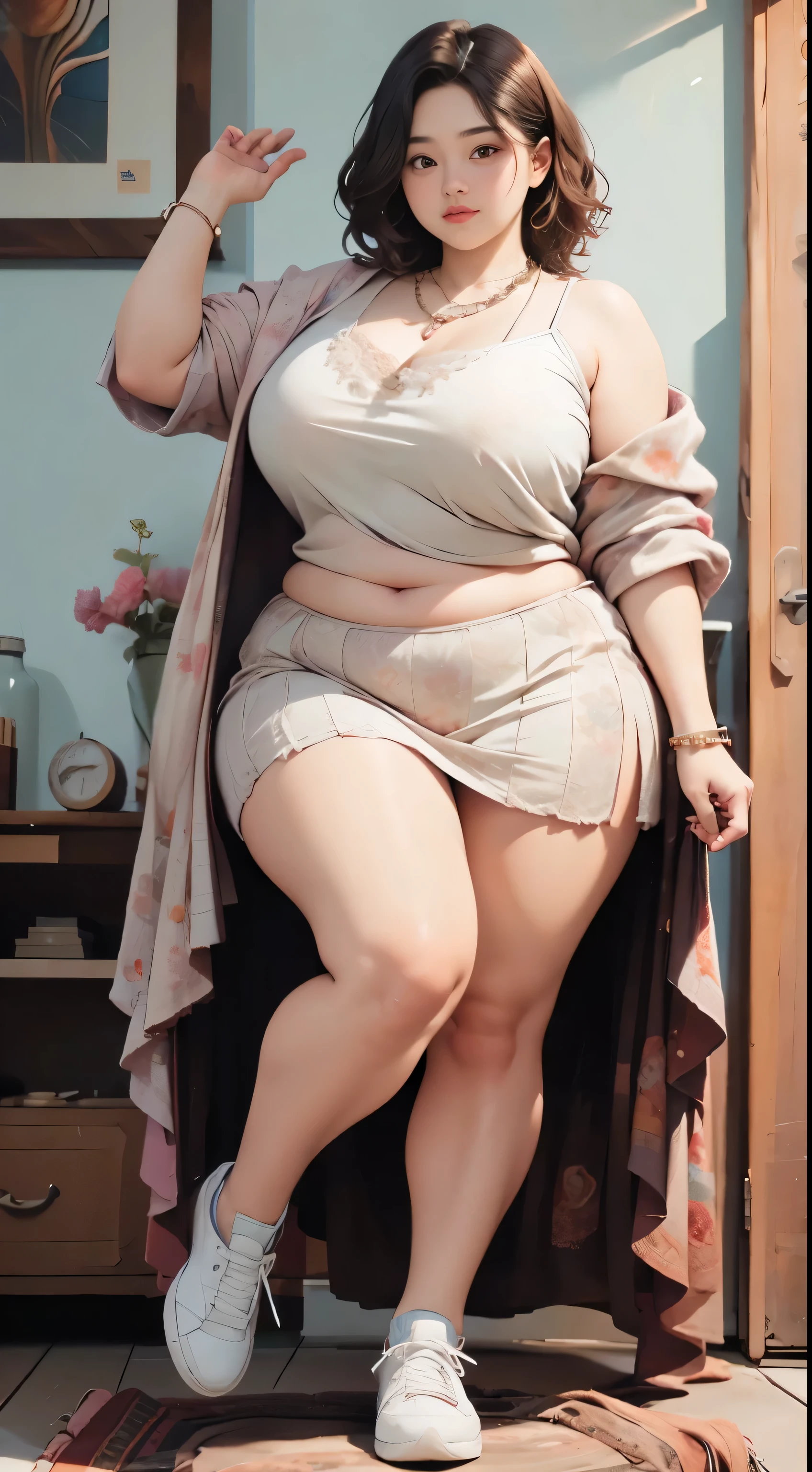 1 girl, Slightly obese body, Big Size, Round face, Double chin, Overweight, Fluffy short curly hair up to shoulder length , High-Long White Parka Lace Gauze Skirt ,belly button,She is leaning her weight on her stomach and looking at the camera,Dark Room, walk , Wearing 5 bracelets、On the fingers, Wearing a huge diamond necklace , Wear modest clothing, Full body photography , Wearing sneakers