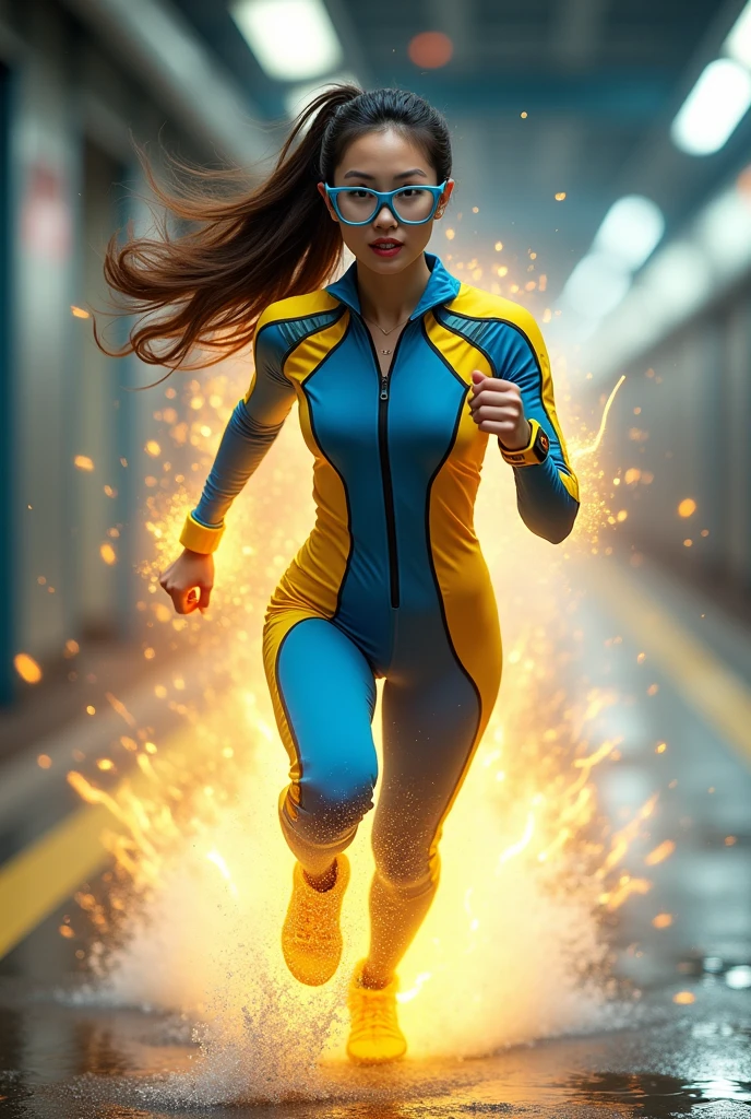 Chinese japan women average age wear jumpasuit high tech(( blue yellow)) age 15. Running effect. Glowing yellow power. Runfast effect. saggy breast open zip.. Wear blue big glasses big frame.running speed of light . latex suit. big tight. running athlete.pontytail hair. Braces teeth. train rail .Bokeh background. Panning effect. Yellow high tech watch. a beautiful young chinese women, , wearing a high-tech blue and yellow very tight jumpsuit. wear jacket bomber jacket blue yellow, venus body type.point finger pose . ,floating water pallet, photorealistic, detailed facial features, long hair, elegant pose, dynamic lighting. glowing body yellow lightning effect, 8k, award-winning digital art, intricate details, vibrant colors, cinematic composition. very fasr run, highly detailed. light trail effect. speed of light. froze time effect. at the city.run water .shallow water . spash water. the girl run fast on wet road. background on subway.