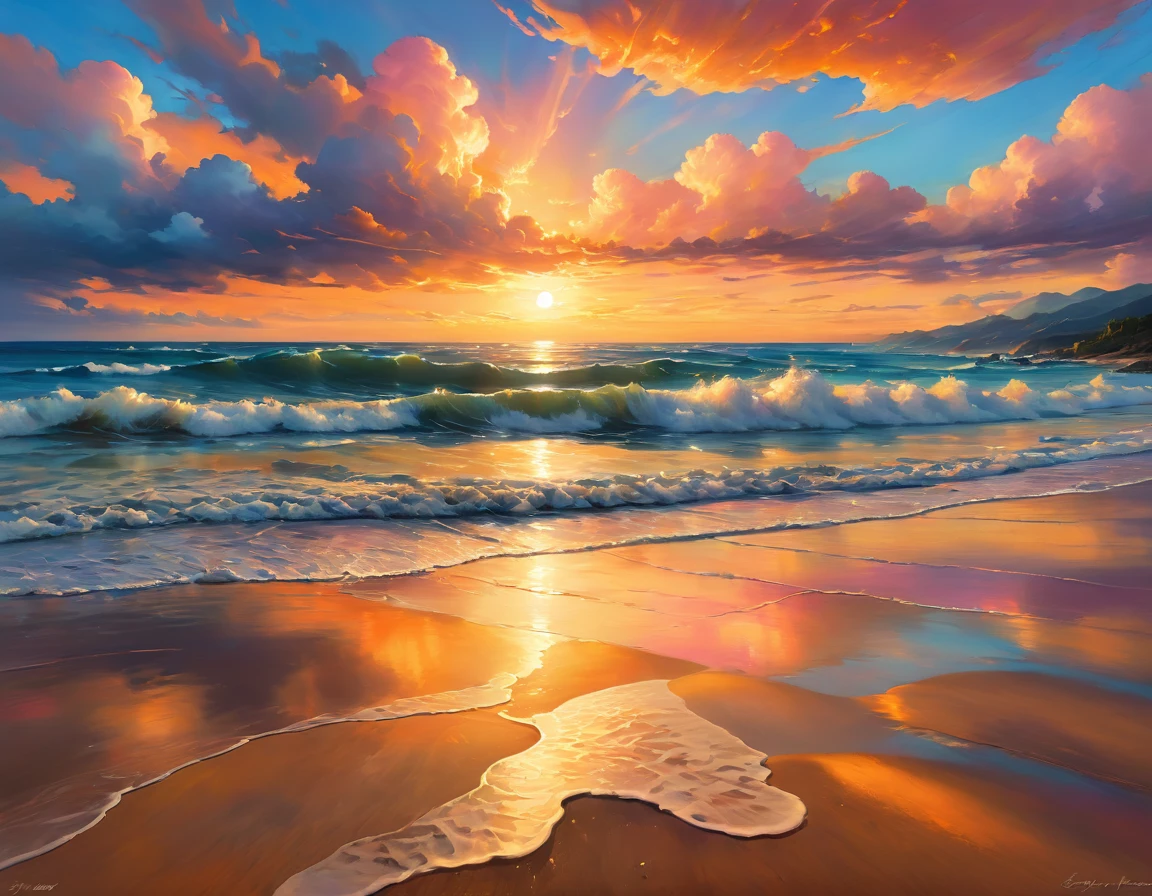 Imagine a peaceful sunset on a remote beach. The sand is soft and warm under your feet, and the waves of the sea break gently on the shore, creating a calming rhythm. The sky is painted in shades of orange, pink and gold, and some scattered clouds reflect these colors on their surface