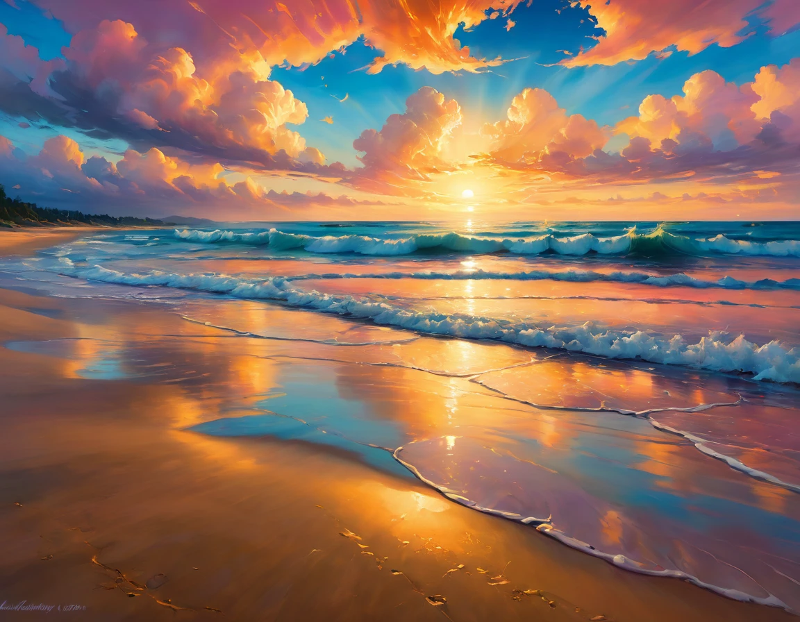 Imagine a peaceful sunset on a remote beach. The sand is soft and warm under your feet, and the waves of the sea break gently on the shore, creating a calming rhythm. The sky is painted in shades of orange, pink and gold, and some scattered clouds reflect these colors on their surface