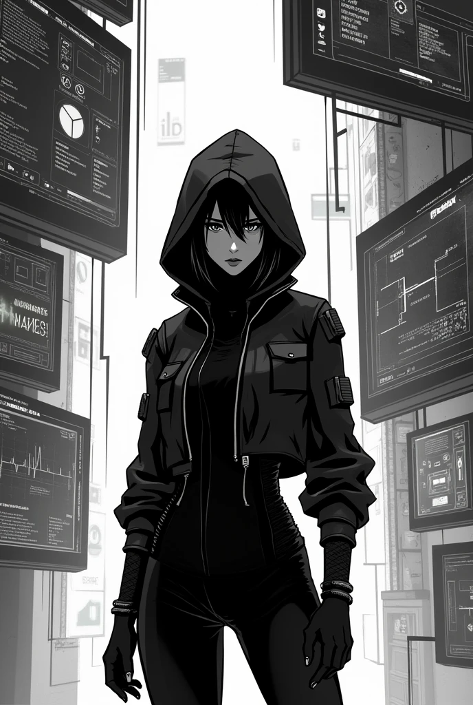 black and white hacker type vector manga multiple screens