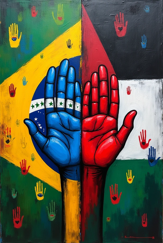 half brazilian flag half palestine flag, comprehending all spaces, throughout the drawing several children's hands are painted