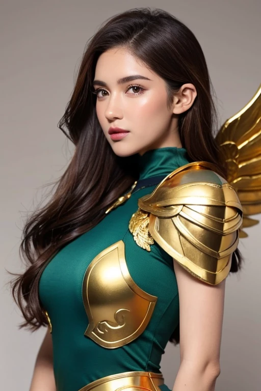 Youngh, brown skin, dark brown hair, wavy hair at the ends, latina americana, Brazilian, americana, green eyes, Green Eye, face perfect, perfectbody, medium breasts, perfect ass, dressed in a royal blue tunic, royal blue mini skirt, angel armor, wings de arcanjo, wings, wings brancas, wings aberta, sword in right hand held up, golden bust, gold armor bust, gold tiara on head