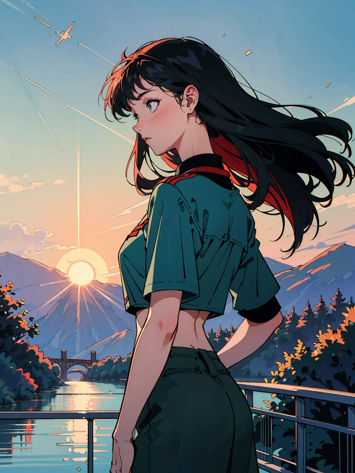 A woman twilight on a pedestrian bridge in the morning. The sun is diagonally above. Fantastic blue sky. Close-up of upper body. Oblique back view, high quality down to the last detail. Fantastic landscape . People large .