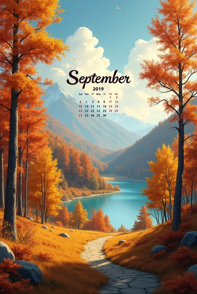 Wallpaper calendar for the month of September with a beautiful autumn picture 