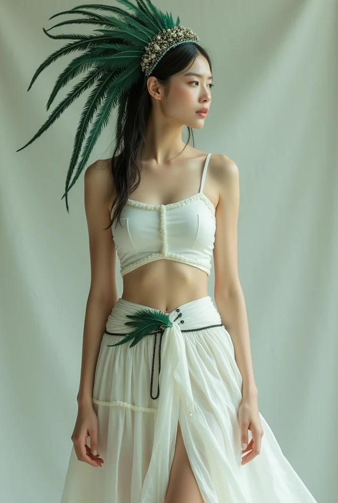  dressed in a short white thigh-length skirt, with a white belt that has small dark green feathers between it, white sleeveless crop top with an accessory made up of feathers in different shades of dark green worn on the side of the head, held by a band that wraps around the forehead.