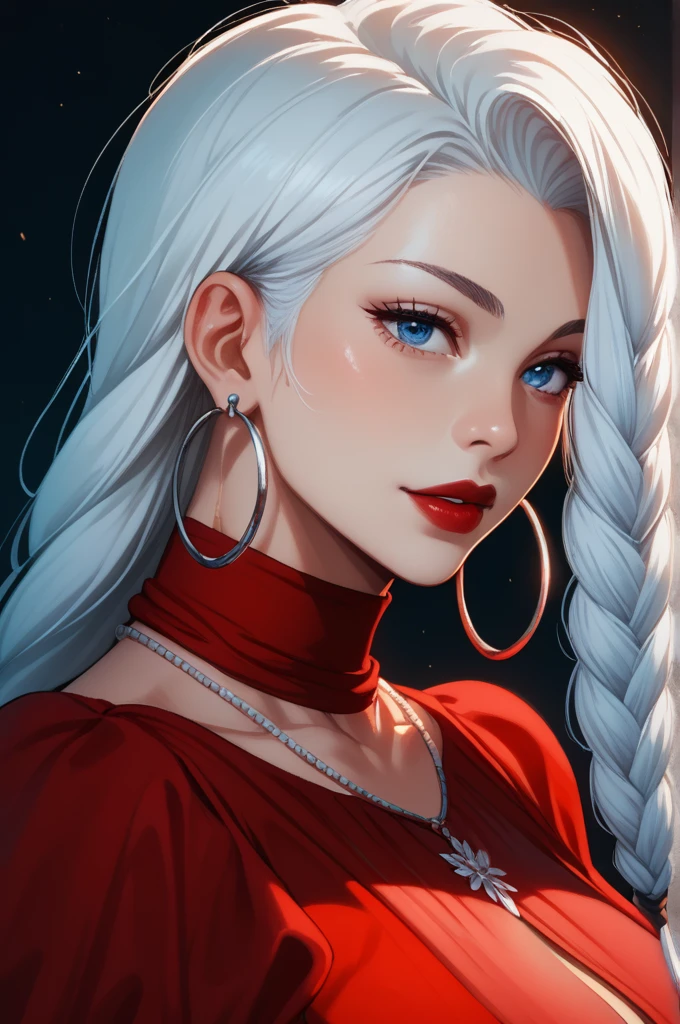 score_9, score_8_up, score_7_up, score_6_up, score_5_up, score_4_up, mei mei , blue eyes, white hair braid, large breasts, necklace,big oversized hoops earrings ,red lipstick , detailed eyes , big saggy breasts , red dress, cleavage