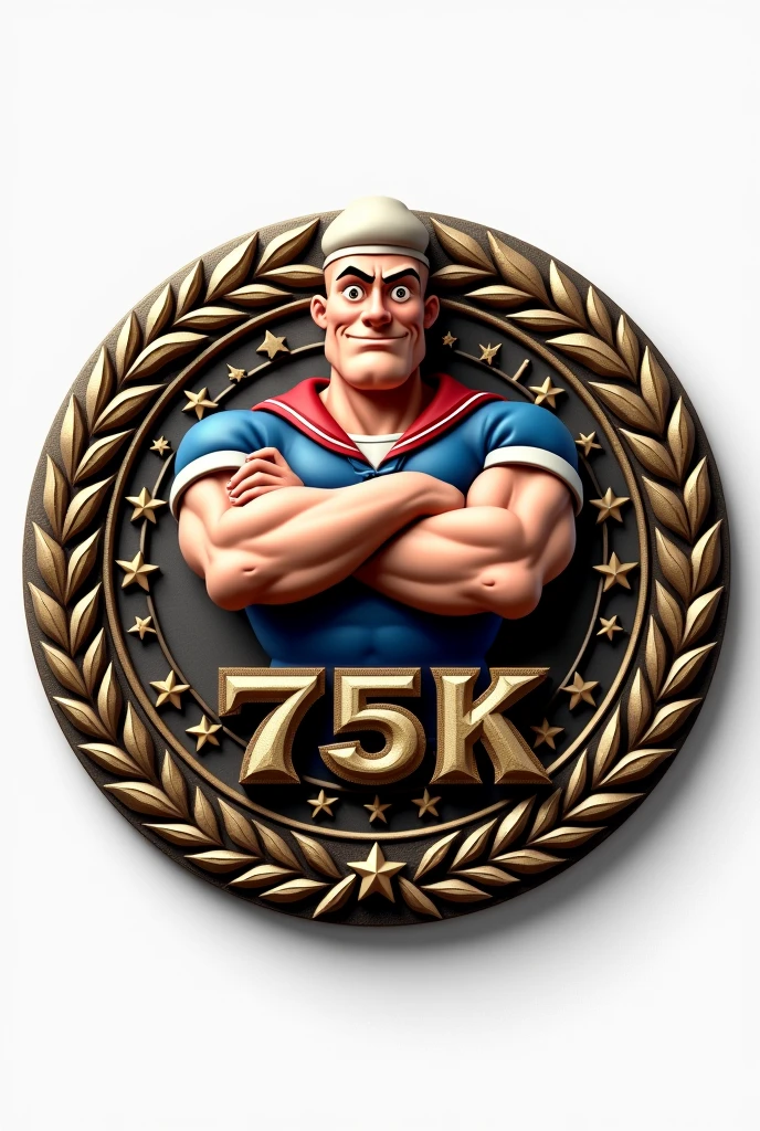 Create an image on a white background in the shape of a military badge, a sort of medal representing ‘Popeye’ the fictional character with his big exploding biceps and showing the number ‘75k’ on the medal. The medal should send a masculine message of strength and courage.