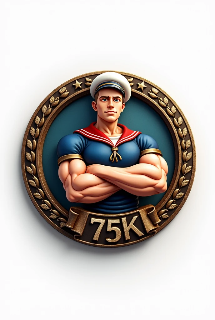 Create an image on a white background in the shape of a military badge, a sort of medal representing ‘Popeye’ the fictional character with his big exploding biceps and showing the number ‘75k’ on the medal. The medal should send a masculine message of strength and courage.