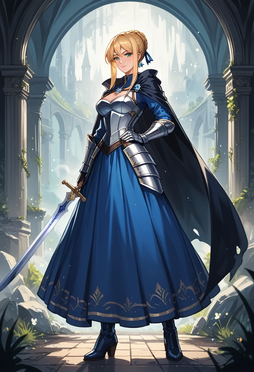 score_9, score_8_up, score_7_up, score_6_up, BREAK Anime - Stylistic image of Artoria Pendragon (blue dress, armor, cape boots:1.2), standing with a large sword, resting on sword, BREAK Kushatt Krenz Key Art Women, Extremely detailed Artgerm, Artgerm on ArtStation Pixiv, BREAK Epic light novel art cover, gorgeous female paladin, trending on artstation pixiv, Portrait Chevaliers du Zodiaque Fille, BREAK dimly lit spooky mansion, midnight, shallow depth of field, BREAK highly detailed, bokeh, moody, epic, gorgeous, grainy, BREAK (ultra-detailed), (best illustration), (best shadow), (absurdres), (detailed background), (very aesthetic).