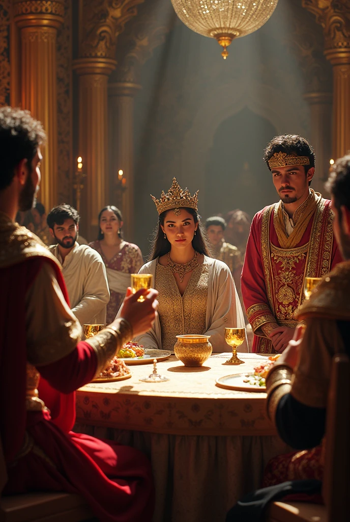 Queen of Persia sitting at a table with the king of the play and the king's officer at a banquet add golden cups in their hand