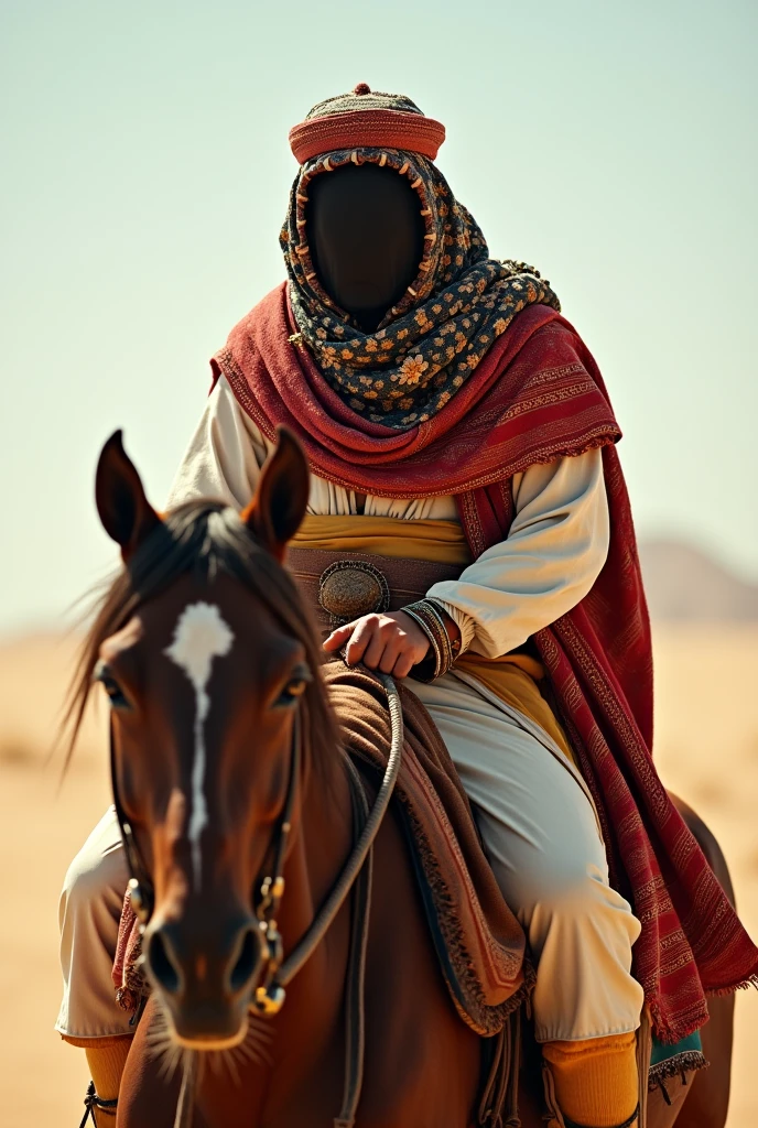 wearing: white woolen cloak, red striped shawls of Qatari origin wrapped around his shoulders, headgear of fine cloth, wearing a yellow loincloth, covering his shoulders with a flowery black shawl, face not seen bacause of sunlight,riding brown horse