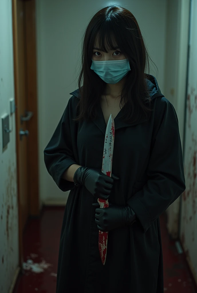 korean girl, (behind corpse, surgical mask), holding knife, stabbing, latex gloves, bath full of blood, transparent raincoat, hood up, holding knife, white gloves, behind corpse, blood splatter, mass murderer, killer, long bangs, blood splatter,