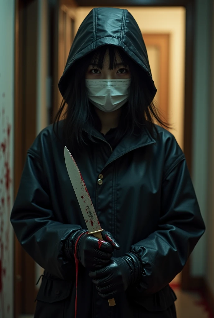 multiple korean girls, (holding knife, surgical mask), stabbing, black leather gloves, entrance of the house, black raincoat, girl only, bloody knife, leather gloves, looking at viewer, blood splatter, night, mass murderer, killer, blood splatter, bloody room
