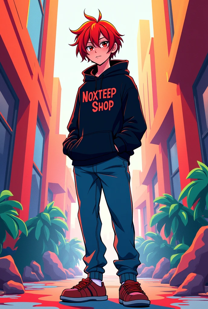 I want to make a cover similar to a game code or ID, anime style, red hair, black hoodie, jeans and slippers, must have the word NOXTEEP SHOP.
