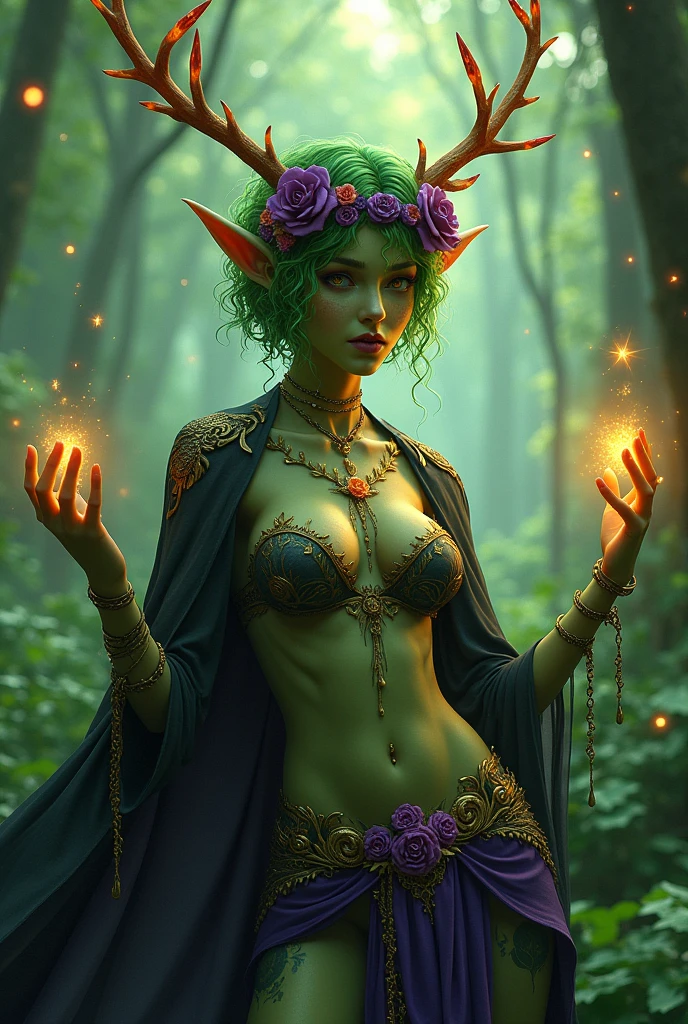 Jungle like environment. A young Plant woman with a Grass green skin tone & a set of B-cup breast. She has short leaf green curly hair stopping at the top of her neck & is wearing a short revealing yet modest mythical flowing Black & Purple cloak with Golden Floral designs & an otherworldly Purple flower wreath on her head. She has Serious gaze in her Starlike Golden eyes & a heavy freckled form. She has long transparent crystal Red antlers radiating Floral energy & a set of quaint elven ears. She has long golden vine like tattoos, glowing with Celestial red energy running all around her body. She has a small cute nose She is seen in a battle stance summoning verdant green Starlight magic from her fingertips