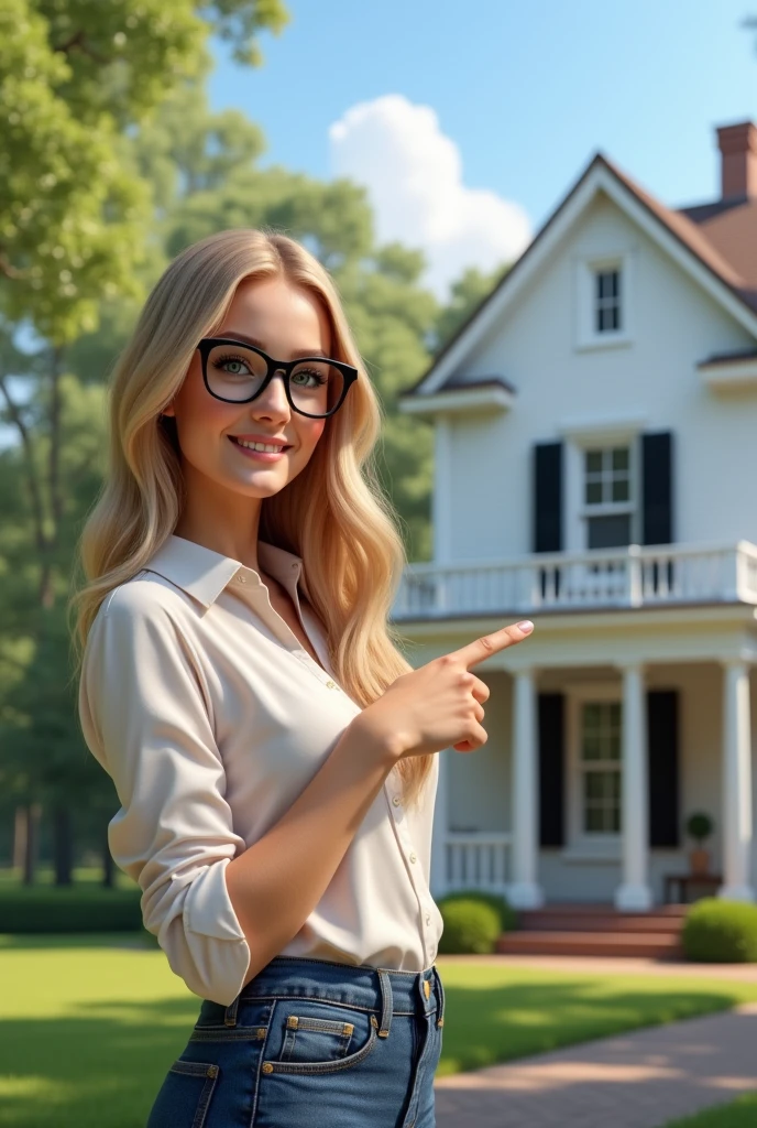 (Photorealism:1.2), blonde woman with glasses pointing finger at a beautiful house