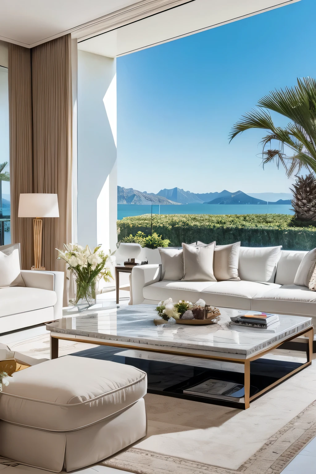 - "A luxurious living room with white marble floors, high ceilings, and large panoramic windows overlooking a stunning coastal view with yachts and mountains."
- "An elegant interior with all-white modern furniture, a large square coffee table, and a breathtaking view of a Mediterranean-style seaside town through floor-to-ceiling windows."
- "A high-end villa living room with a spacious seating arrangement, surrounded by marble a