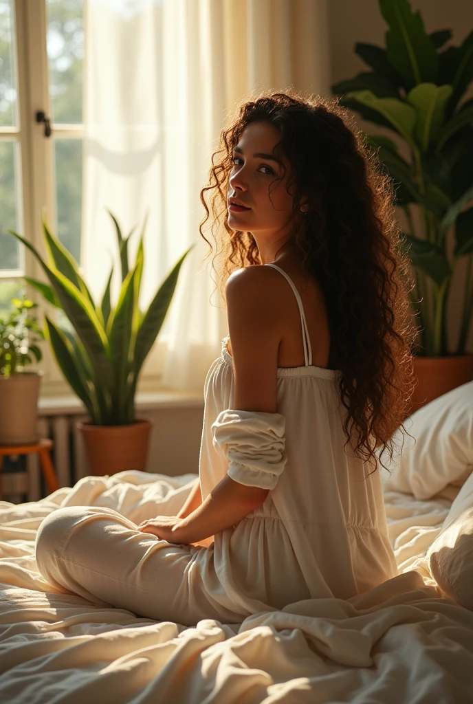 (photorealism:1.2), beautiful woman, sitting on bed, wearing loose off-shoulder top, pajama pants, long curly hair, indoors, soft lighting, plants in background, window with sunlight, cozy room, relaxed pose, realistic, intricate details, warm colors, by Greg Rutkowski, by Alphonse Mucha