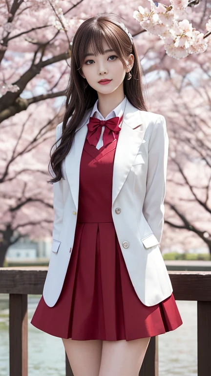 ((Girls standing on a row of cherry blossom trees)),top quality work，Real work，Ultra premium graphics，8K HD CG Works，high quality graphics，High-definition CG works，10x pixels，super fine details：1.1，Advanced technical details：1.1Photo-realistic，indoor lighting effects：1.5，Natural light：1.5. light effect（virtual light effect：1.8），超A high resolution，shiny red dress，長いsilver hair，silver hair，transparent hair，high detail hair（premium hair detail：1.1）clear eyes，beautiful double eyelids，sharp eye makeup, delicate eyelash makeup, thin eyebrows, highly detailed eyes，high nose, nice red lips, rose cheeks, A face with delicate makeup , cute face, perfectly proportioned face,（Advanced facial details：1.1），shiny，Wonderful dress，bright red series，(white blazer) 、(white blouse)、(red bow tie)、(checked skirt)、（My skirt flies up in the wind)、white panties are visible、girls school uniform、photo shoot，woman&#39;artwork of，full body figure，Realism，wonderful，My eyes are shining today、(smile),(Cherry blossom petals are dancing)、((In a blizzard of flowers))、(smile),