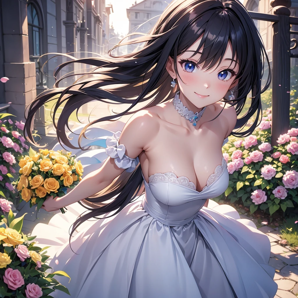 masterpiece,Highest quality,high definition,High resolution,4K,8k,Ultra-high-definition CG,masterpiece,Highest quality,high definition,High resolution,4K,8k,Ultra-high-definition CG,Anime illustration style,1girl, anime painted, front angle, pose standing, shiny black twin tail hair,black, accessories ribbon, expression smiling,arms behind back,Scene of a garden full of flowers、In a wedding dress、Behaving gracefully。fashion model posing ,shiny skin,Low angle ,fashion model posing ,holdng a flowers.bouquet.