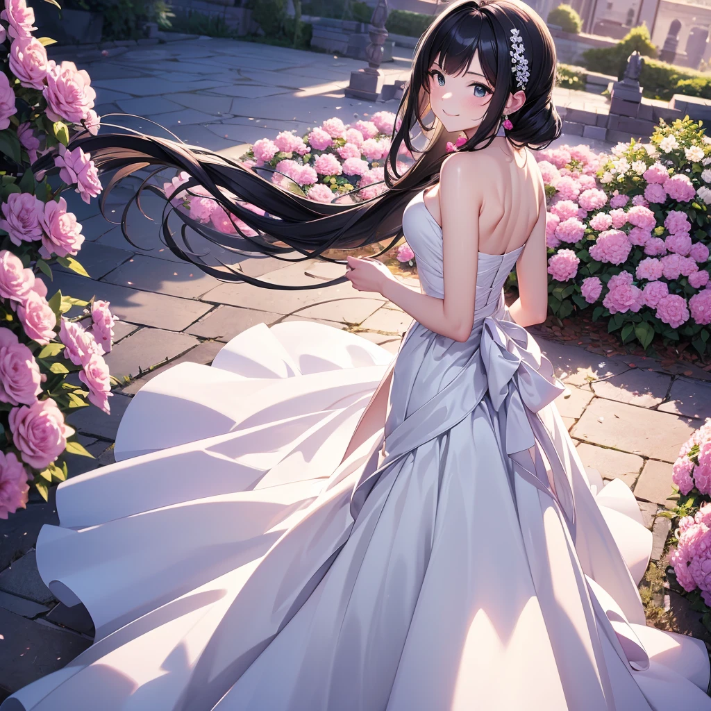 masterpiece,Highest quality,high definition,High resolution,4K,8k,Ultra-high-definition CG,masterpiece,Highest quality,high definition,High resolution,4K,8k,Ultra-high-definition CG,Anime illustration style,１girl, anime painted, front angle, pose standing, shiny black twin tail hair,black, accessories ribbon, expression smiling,arms behind back,Scene of a garden full of flowers、In a wedding dress、Behaving gracefully。fashion model posing ,shiny skin,Low angle ,fashion model posing ,holdng a flowers.bouquet.