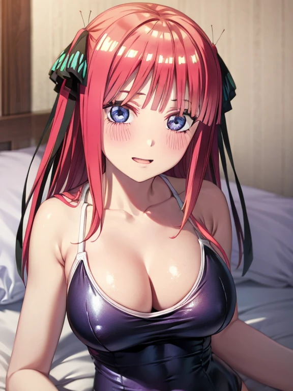 best quality, insanely detailed, nino nakano, breasts, blush, bedroom background, looking at viewer, cheerful eyes,arousal, one-piece swimsuit, old school swimsuit