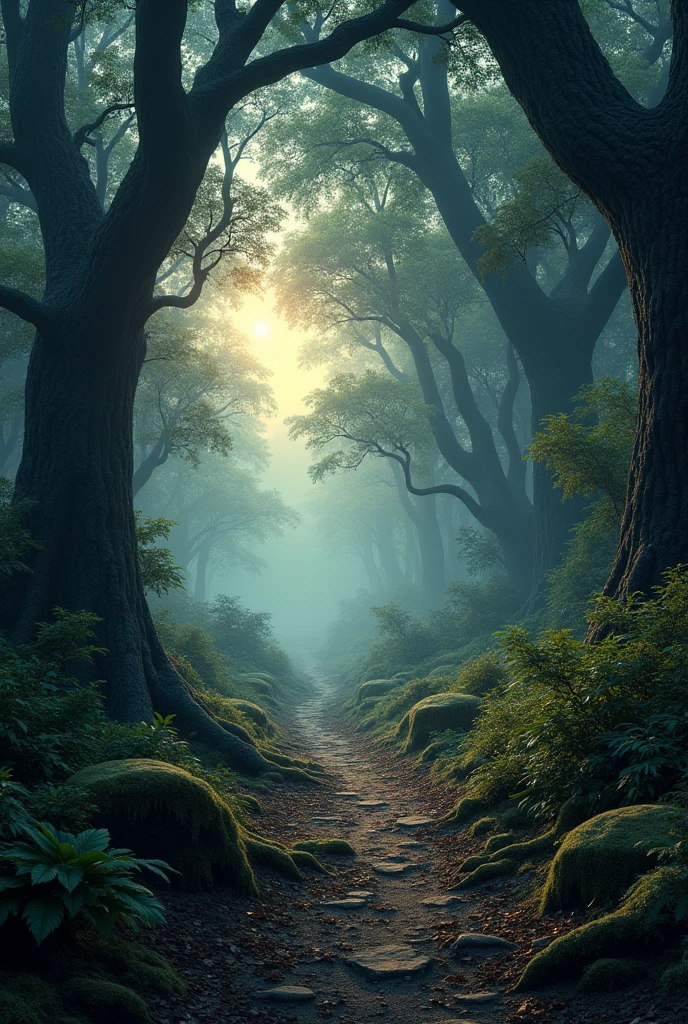 A landscape in the dark forest at dusk 