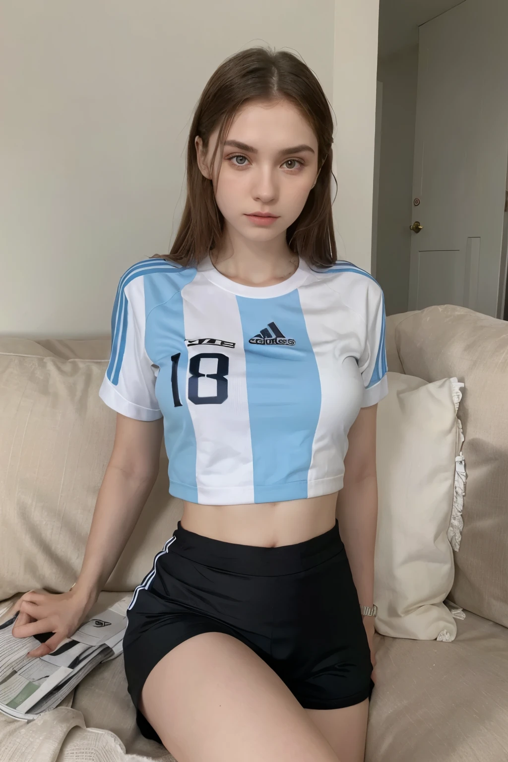 Arafed woman sitting on a sofa wearing a sports t-shirt., Anastasia Ovchinnikova 1, in the world cup, 1 8 son, 1 girl, she has pale blue skin!!!, 🔞🤡, 1, (12x) extremely pale white skin, , Wear Adidas clothes, amaranth