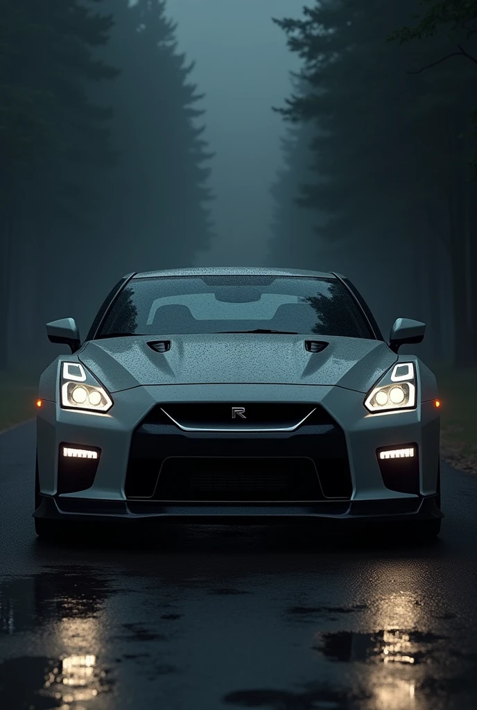 "A detailed image of a black Nissan GTR R33 with its headlights on, showcasing its aggressive grille and sleek lines, with a moody atmosphere car in center view make littlebit distance
Background dark