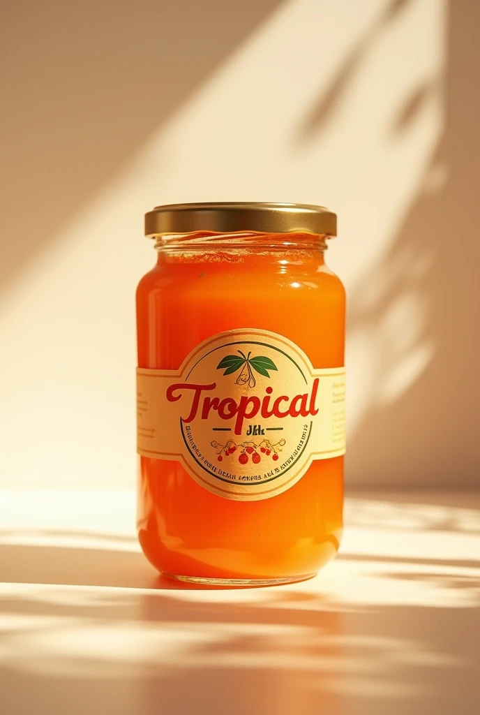 an orange jam jar with a very attractive brand logo "Tropical Jam", that it is a very elegant jam and looks delicious