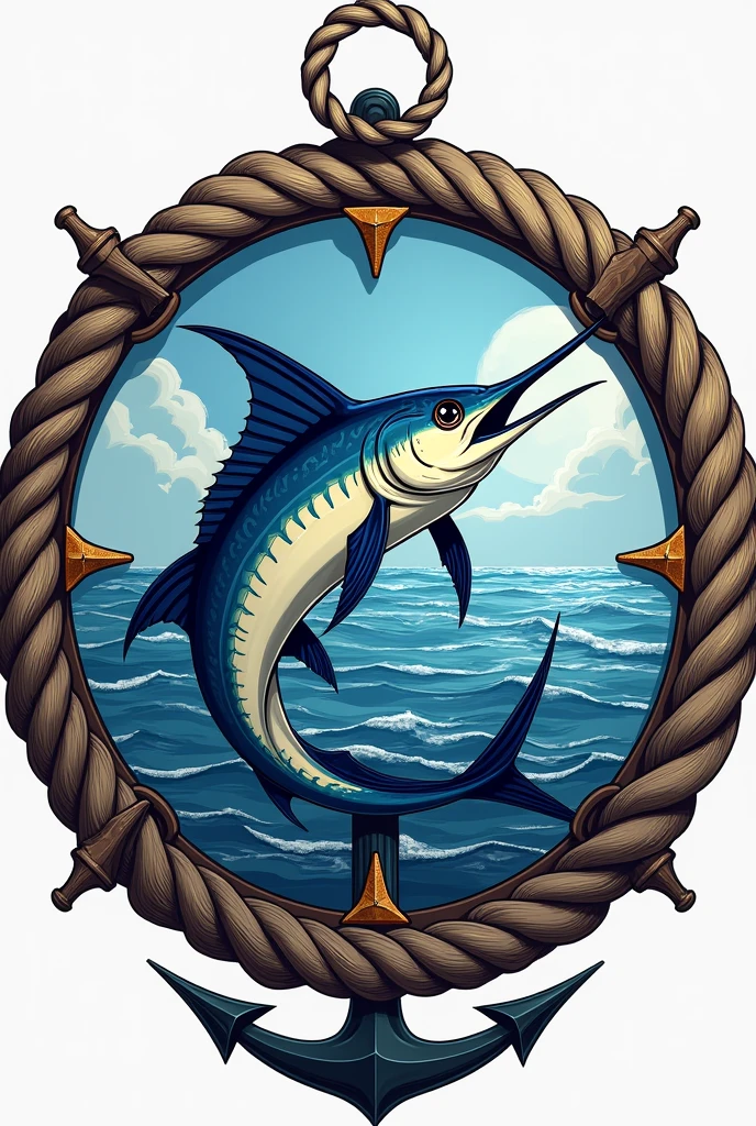 Make a circular shield with a sailfish in the center, with an anchor at the bottom of the circle Add a rope outline and a chain at the top, and have the 4 cardinal points at the bottom inside the circle