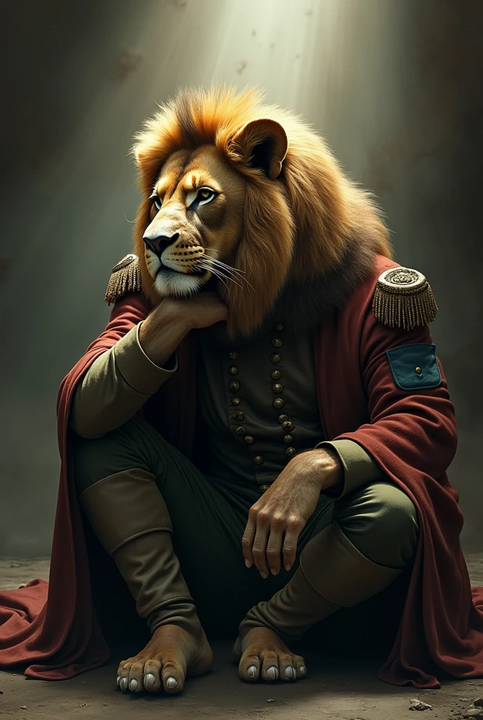 Lion with a human body, sitting and thoughtful, his clothing is like that of a military man, his face reflects the fatigue of a great battle, while in the background a ray of light sneaks in and falls on the