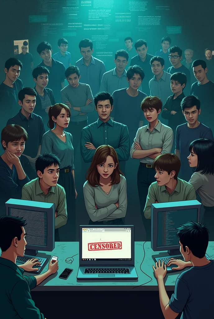 "Create a powerful image depicting people being censored on the internet. Show a diverse group of individuals at their computers or mobile devices, with expressions of frustration and confusion. Overlay the scene with visual elements representing censorship, such as digital barriers, redacted text, and blocks or filters obscuring their screens. Include symbols like a 'censored' stamp or icons of restricted access. The background should feature a dimly lit, oppressive digital environment, with a sense of restriction and control. Use muted, dark colors and heavy shadows to convey the feeling of suppression and the impact of censorship on their online experience."

















































