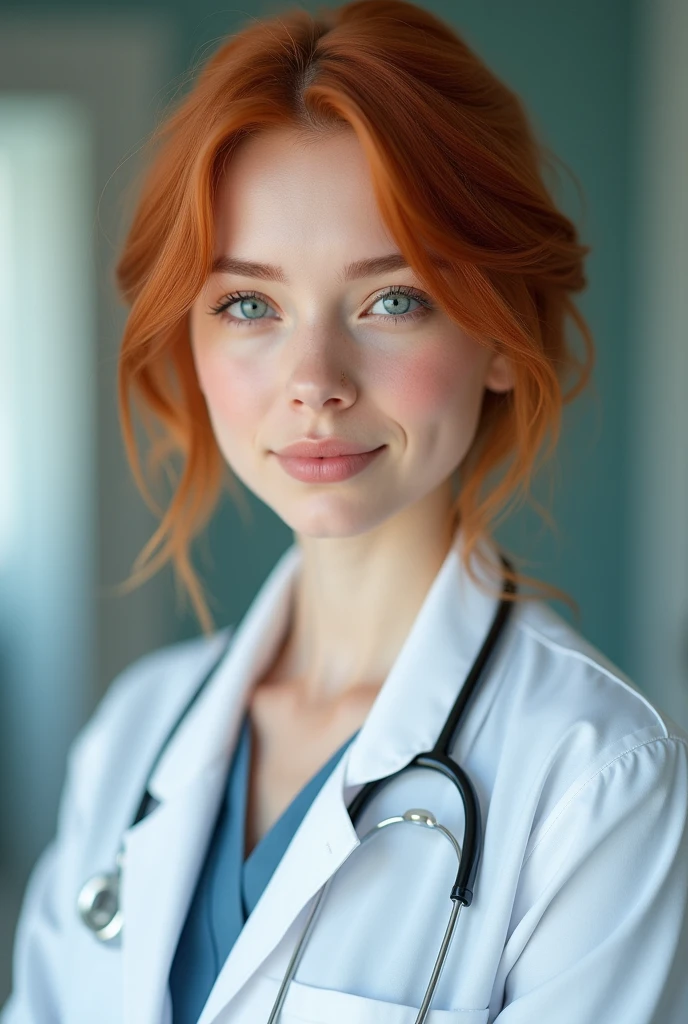 1 redhead woman, fair skin and blue eyes, shorth hair, dressed as a doctor with real innocent expression
