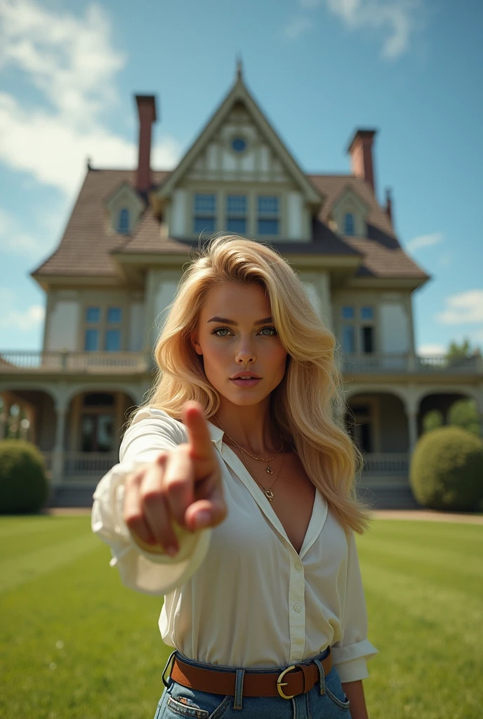 (Photorealism:1.2), blonde woman pointing finger at a beautiful house