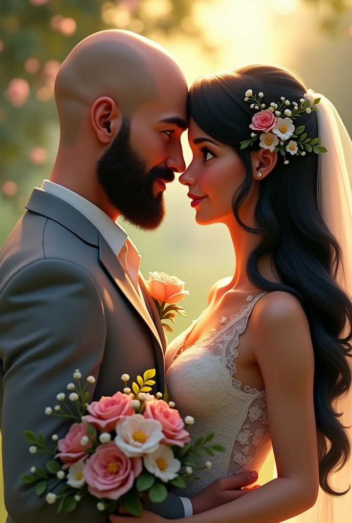 bald groom with beard and bride with long black hair and flowers 